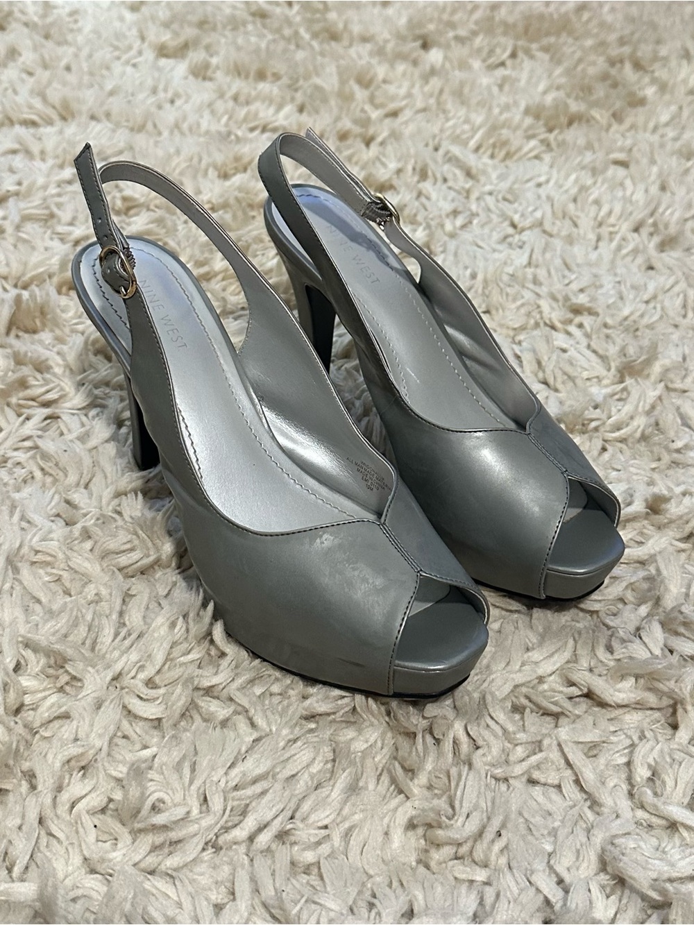 Nine West Gray Leather Peep-Toe Slingback Heels Size 10